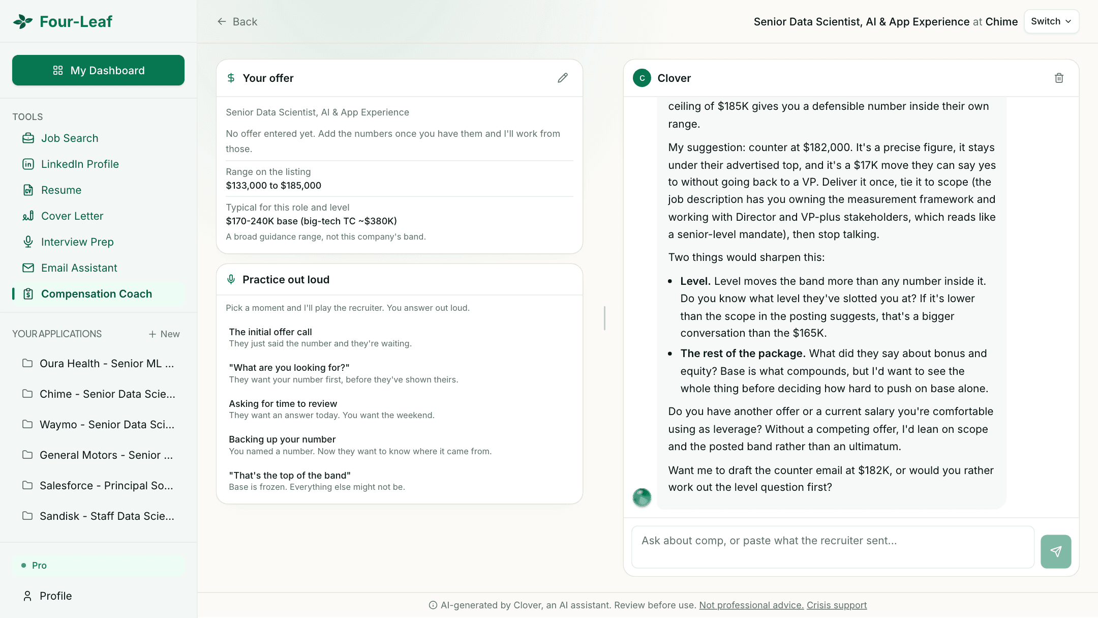 Four-Leaf comp coach for a Chime offer, with the listing's pay range and offer-call practice moments on the left and Clover recommending a counter on the right