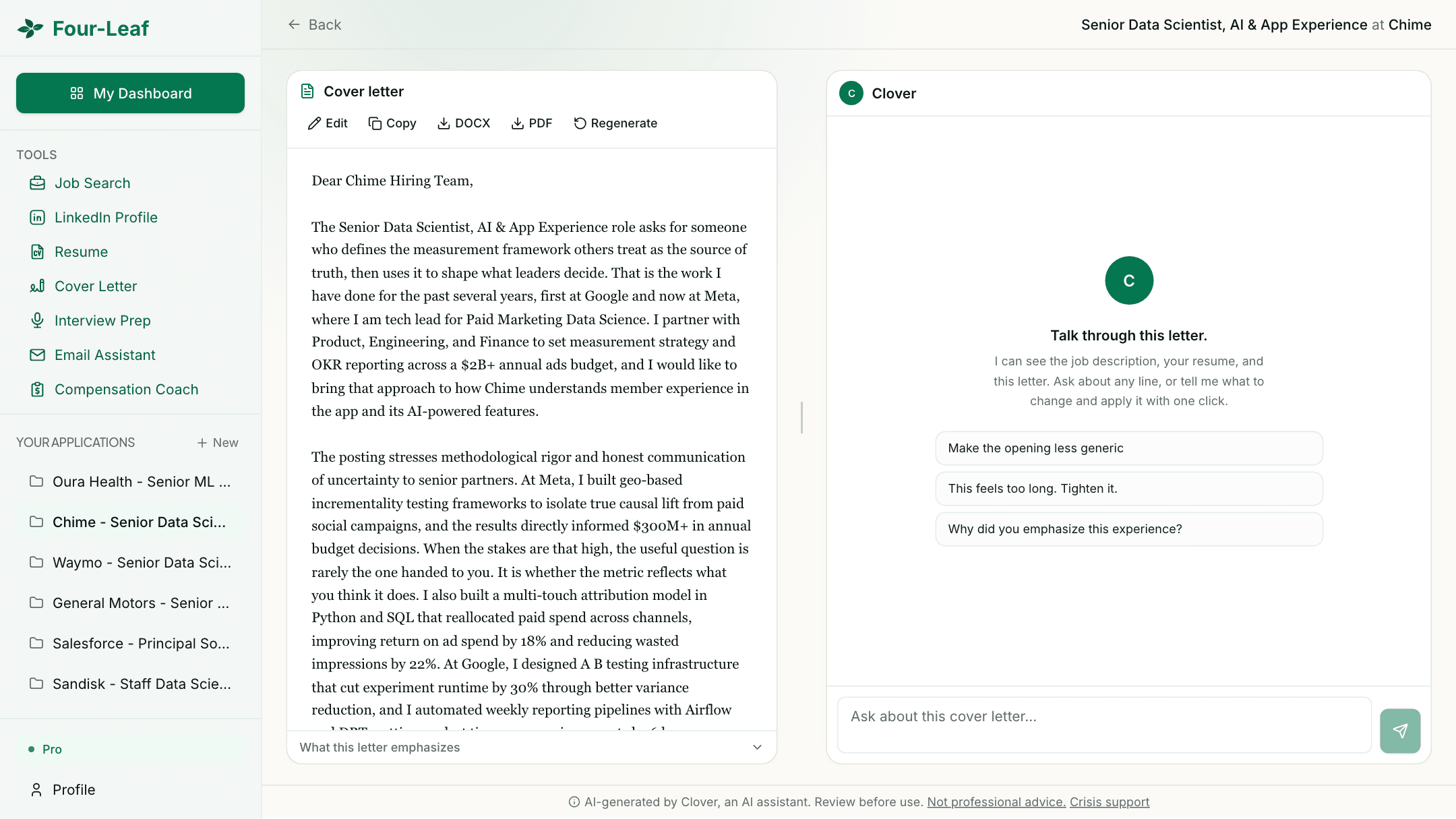 Four-Leaf cover letter workspace with a finished draft for a Chime data scientist role, with DOCX and PDF downloads, and Clover beside it ready to talk through the letter