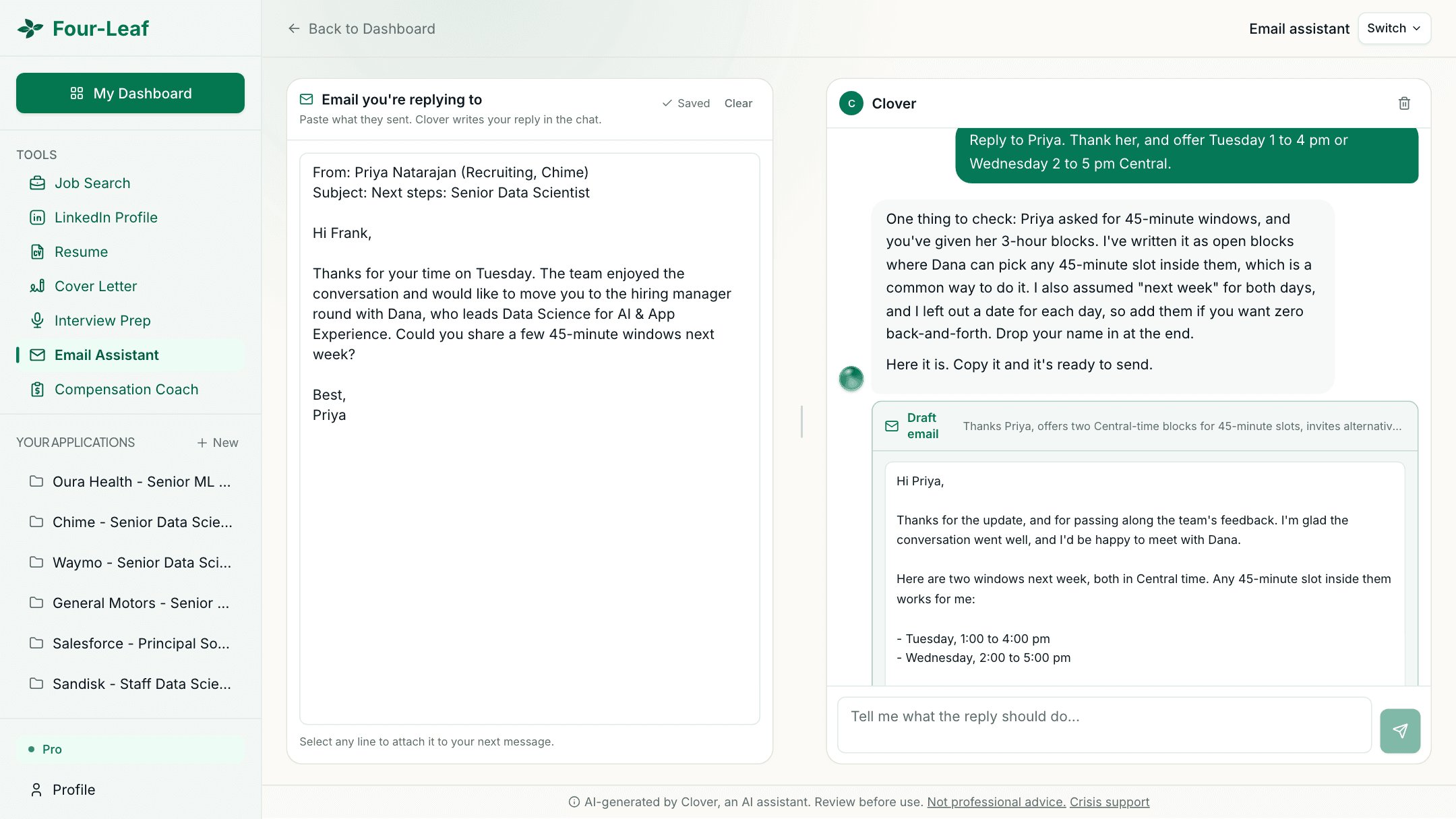 Four-Leaf email assistant with a recruiter's scheduling email pasted on the left and Clover's ready-to-send reply draft on the right