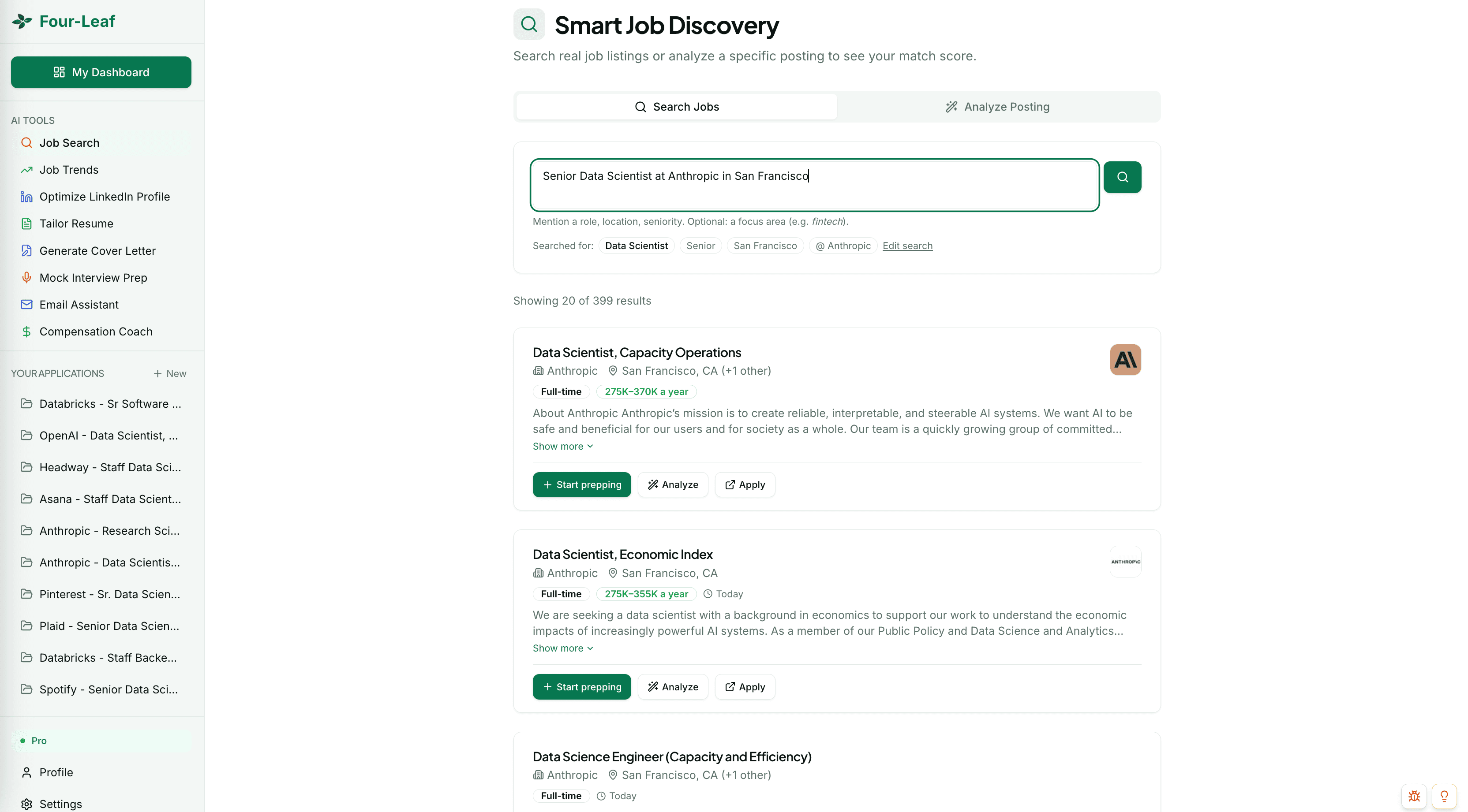 Four-Leaf AI job search and match-scoring view