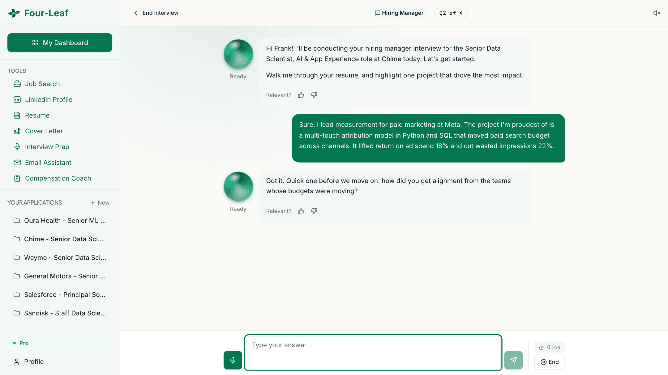 Four-Leaf voice mock interview for a hiring manager round, with the interviewer orb, the opening question, a typed answer and a follow-up question